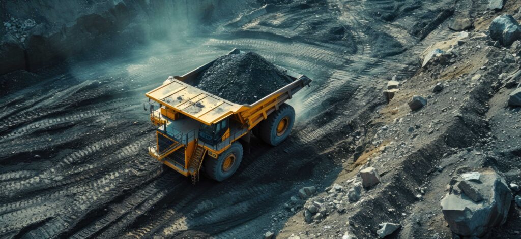 Heavy mining haul truck operating in open-pit mine at dusk
